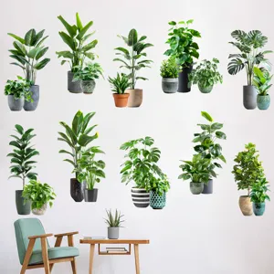 Waterproof removable wall stickers with various realistic potted green plant designs.