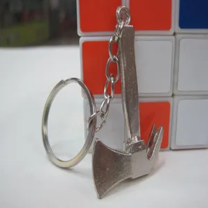 Detail view of miniature metal axe and hammer tool keychain with stainless steel finish.