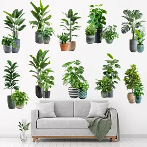 Detailed view of multiple green potted plant wall stickers for living room decor