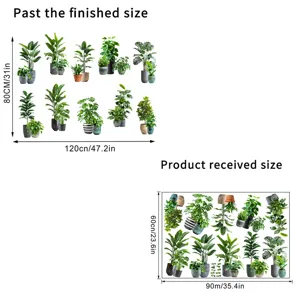 Detailed product dimensions for green potted plant wall stickers showing finished and received size.