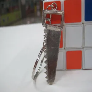 Detailed view of a silver stainless steel mini saw shaped keychain and keyring