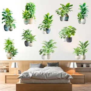 Fresh green potted plant wall stickers displayed in a modern bedroom scene decor
