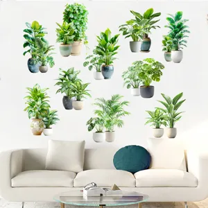 Vibrant green potted plant wall stickers for living room decor, removable waterproof decals