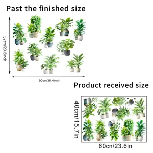 Dimensions for green plant wall stickers showing finished and received sizes.