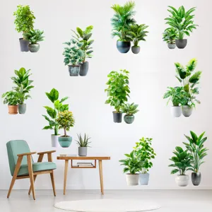 Set of diverse green potted plant wall stickers displayed in a modern living room setting