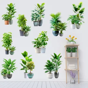 Variety of green potted plant wall stickers displayed in a modern home interior scene