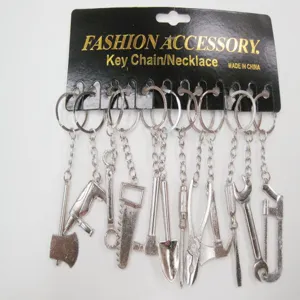 Detail of mini metal tool keychains set featuring axe saw and wrench charms