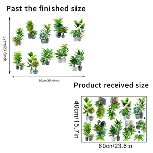 Detail dimensions of green plant potted wall stickers showing finished and sheet size