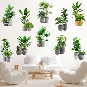 Detailed view of various potted plant wall stickers in a modern living room setting