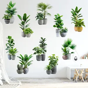 Variety of green potted plant wall stickers shown in a bright living room setting.