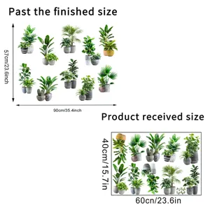 Dimensions of waterproof potted plant wall stickers showing finished and received sizes