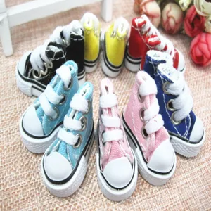 Close-up of 3.5cm colorful mini canvas sneakers for doll accessories and cute keychains
