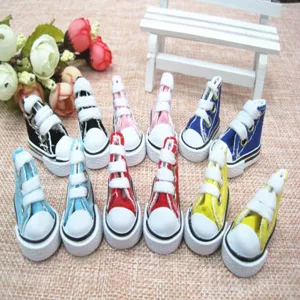 High-detail view of colorful 3.5cm miniature canvas sneakers for doll accessories.