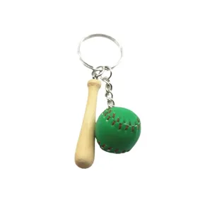 Miniature baseball keychain set with wooden bat and green ball pendant charm
