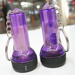 Nahaufnahme von zwei lila transparenten Mini-LED-Taschenlampen-Schlüsselanhängern.