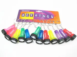 Set bunte Mini-LED-Taschenlampen-Schlüsselanhänger auf lila Displaykarton-Verpackung