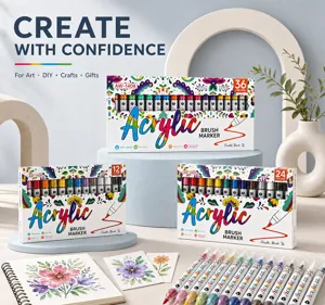 Professional acrylic brush marker sets with 12, 24, and 36 colors for artistic DIY crafts