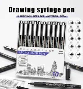 Professional black fineliner drawing pen set with precision needle tips for sketching.