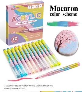 Detail of 12-color macaron acrylic marker set with soft brush tips and a painted rock sample.