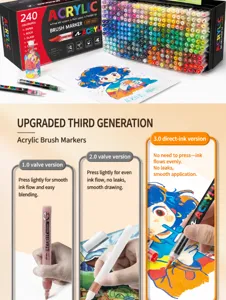 Detailed view of 240-color acrylic marker set, featuring smooth ink flow and fine brush tips.