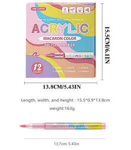 Macaron 12 color acrylic marker set detail view showing box dimensions and pen length size.