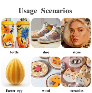 Acrylic marker pens set usage scenarios showing art on bottles shoes stones and wood.