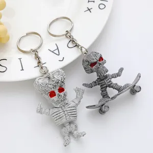 Close-up of skeleton keychains with crown and skateboard designs for Halloween