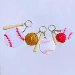 Creative baseball acrylic keychains featuring mini bats and colorful sports gloves.