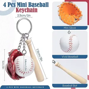 Detailed infographic of 4 pcs mini baseball keychain set with bat and glove dimensions.