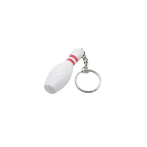Creatieve witte bowlingpin sleutelhanger met rode strepen en een zilveren metalen ring