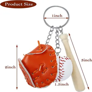 Detailed size diagram showing dimensions for the mini baseball glove and bat keychain set