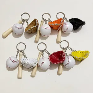 Colorful mini baseball keychain set with wooden bat and faux leather glove charms