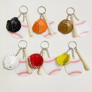 Detailed view of six colorful acrylic baseball keychains with mini bats and gloves