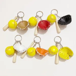 Detailed display of 6 colorful baseball theme keychains with mini wooden bats and gloves
