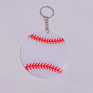 Clear acrylic keychain with double-sided red baseball stitch printing for sports gifts.