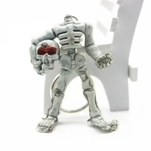 Spooky skeleton keychain holding a skull with red eyes, creative Halloween gift accessory