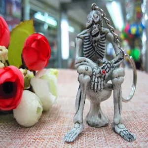 Detailed macro view of a skeleton sitting on a toilet keychain for Halloween gift decor