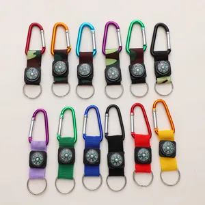 Detailed view of mini carabiner compass keychains in multiple colors and patterns