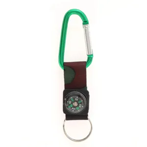 Detailed close-up of a green aluminum carabiner keychain featuring a mini compass