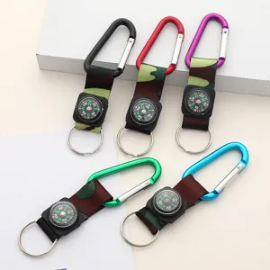 Five colored carabiner compass keychains with camouflage straps and metal rings.