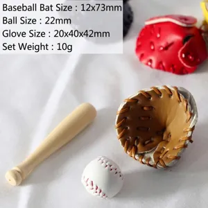 Λεπτομερής προβολή μίνι σετ μπέιζμπολ με ξύλινο ρόπαλο, μπάλα και δερμάτινο γάντι με διαστάσεις