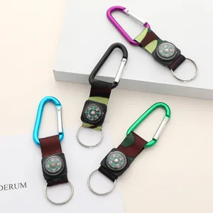 Close-up of colorful aluminum carabiner compass keychains with camouflage straps
