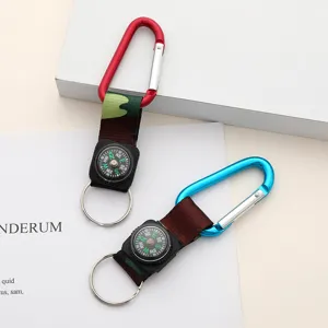 Close-up of aluminum carabiner keychain with mini compass and military camo strap