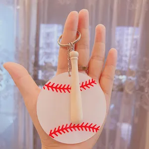 Creative baseball acrylic keychain with mini wooden bat for sports enthusiast gift