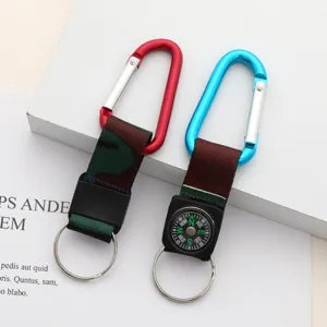 Detail view of red and blue aluminum carabiner keychains with mini compasses.