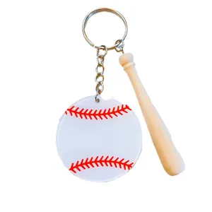Creative baseball acrylic keychain with mini wooden bat for sports gifts and DIY