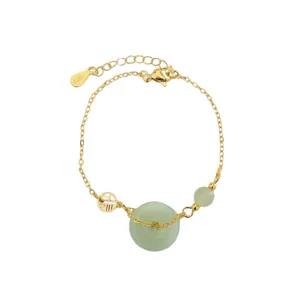 Bracelet chinois rétro en or avec jade vert Ping'an Kou et pendentif Fu
