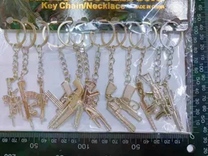Silver metal firearm shaped keychains collection set in transparent plastic packaging