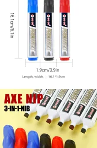 Detailed view of three-color axe nib permanent markers with dimensions and 3-in-1 tip