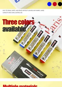 Detailed view of professional three-color broad-tip permanent markers with storage box